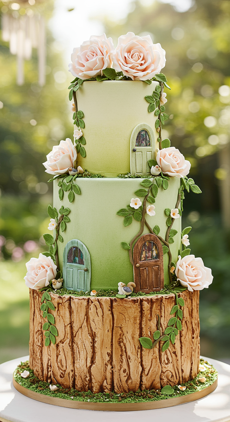 Dreistöckige Torte mit Baumrinden-Basis, Feentüren und rosa Zuckerrosen.