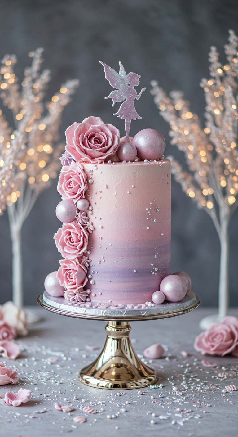 Einstöckige rosa-lila Ombré-Torte mit Zuckerrosen, Perlen und einem Fee-Topper.