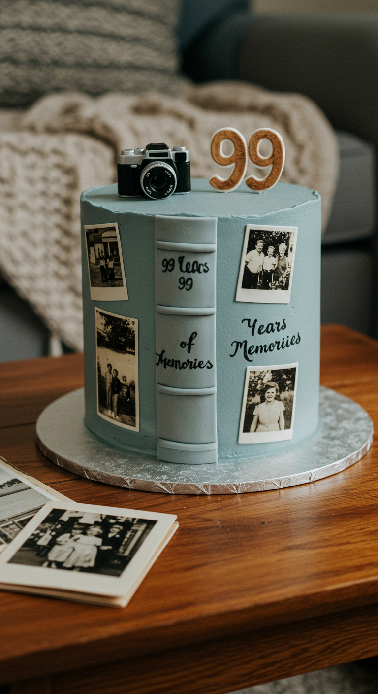 Blaue Torte in Buchform mit alten Familienfotos und einer 99 aus Holz.