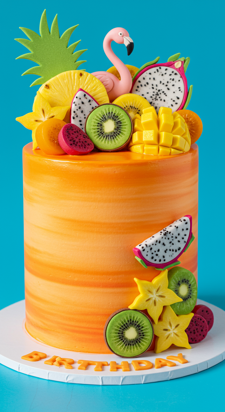 Orange glasierte Torte, überladen mit frischen tropischen Früchten und Flamingo-Topper.