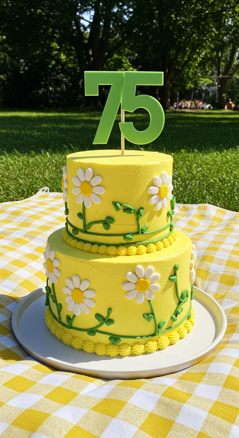 Zweistöckige gelbe Torte mit Gänseblümchen aus Fondant und grünem 75-Topper.
