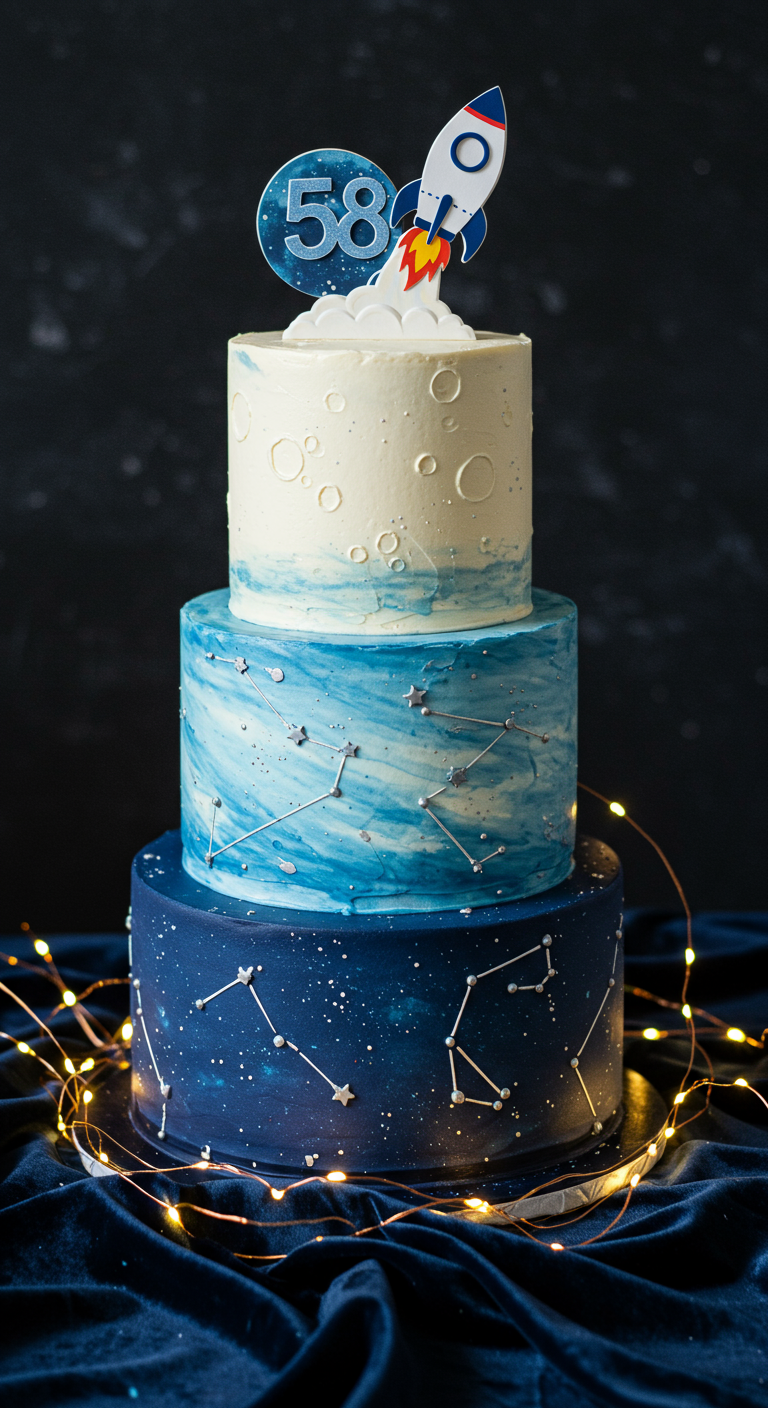 Dreistöckige Torte in Weltraum-Optik mit Mond, Sternen und Raketen-Topper.