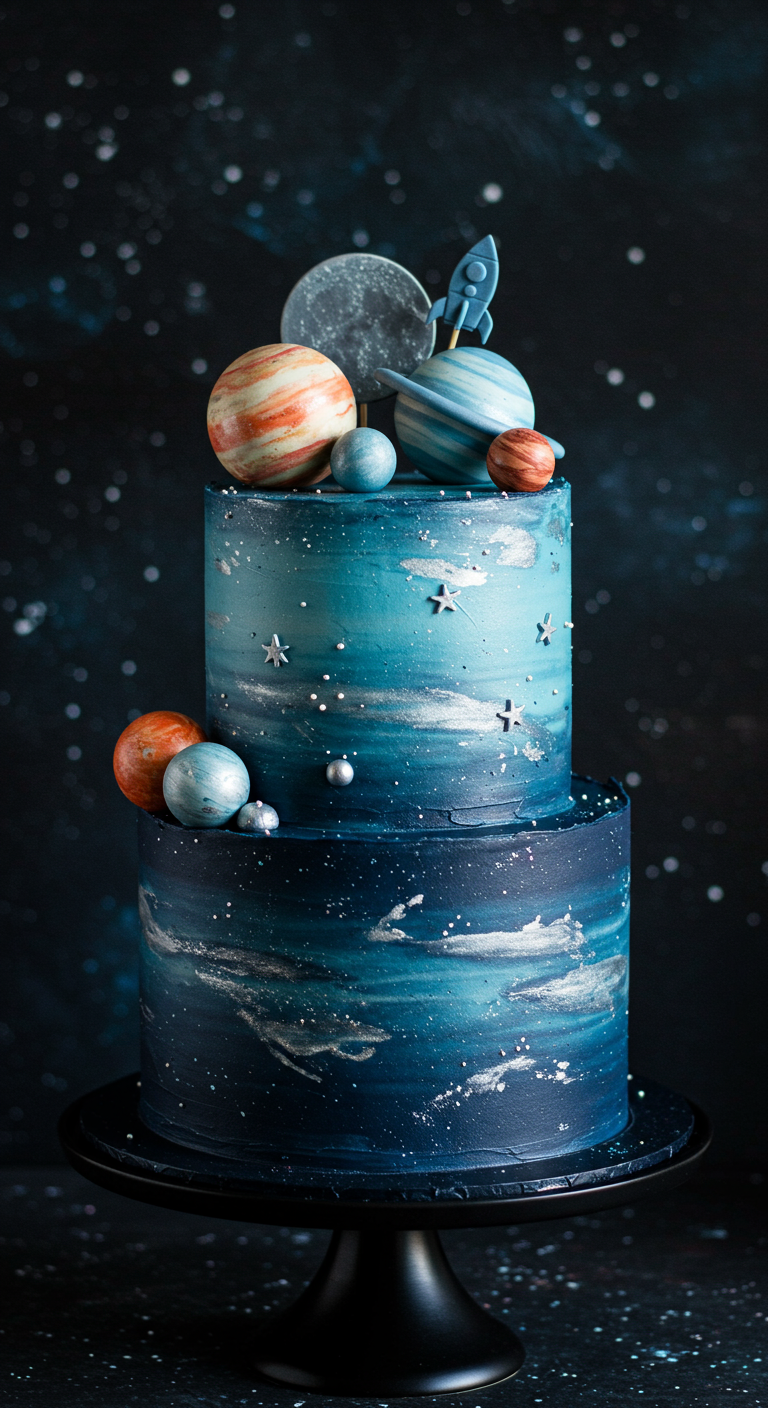 Dunkelblaue Galaxy-Torte mit Planeten und Sternenstaub-Effekt