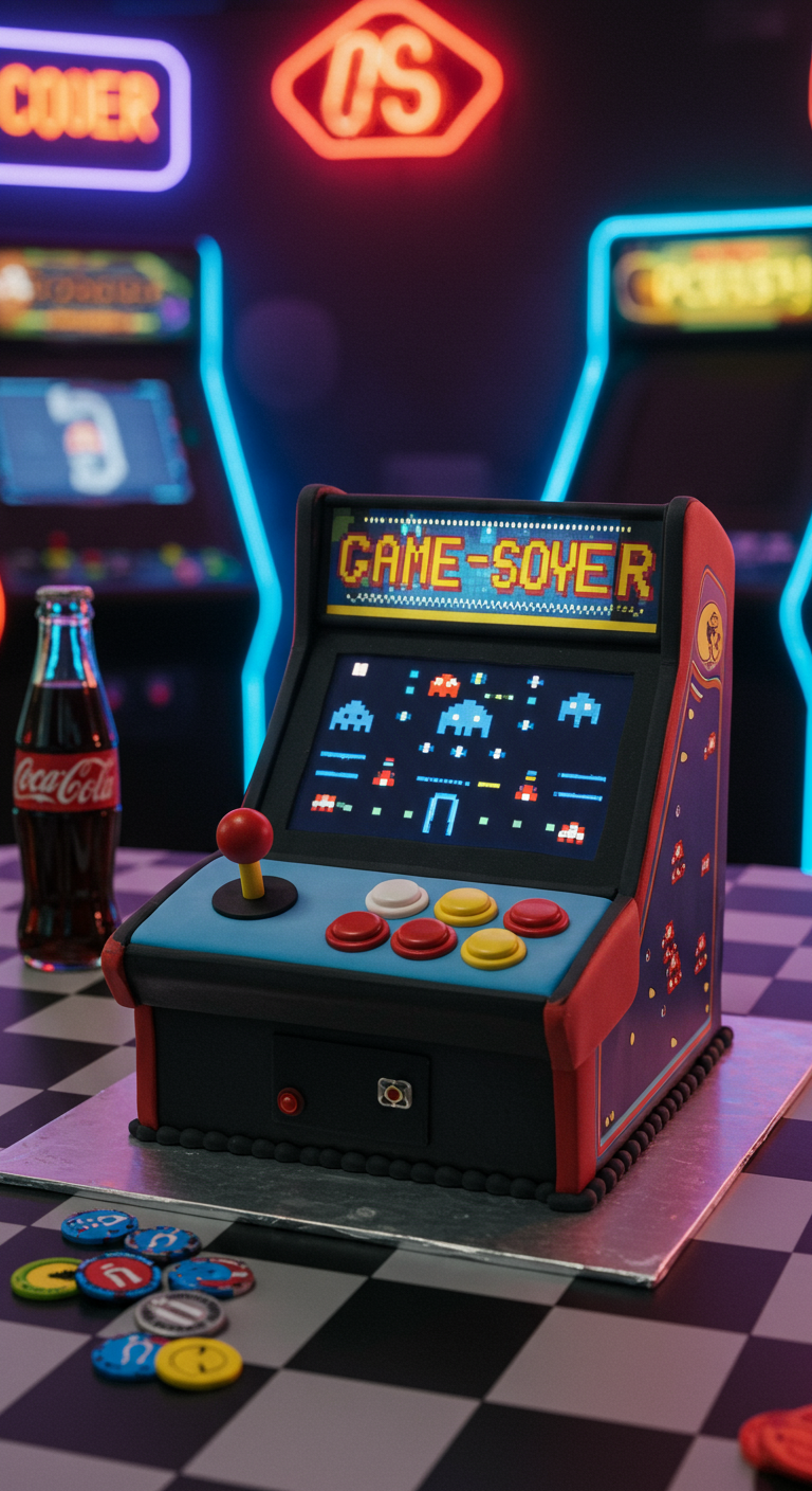 Kuchen in Form eines Retro-Spielautomaten mit Pixel-Grafik.