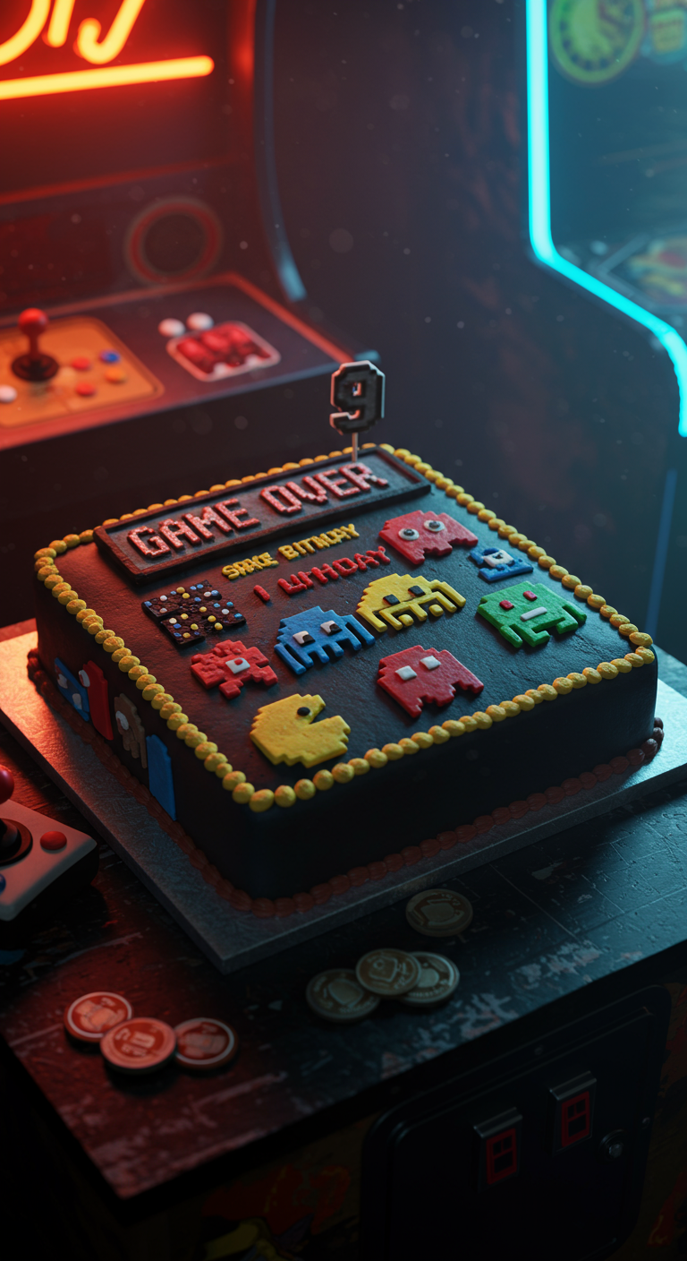 Quadratische Retro-Arcade-Torte mit Pac-Man-Figuren, Geistern und