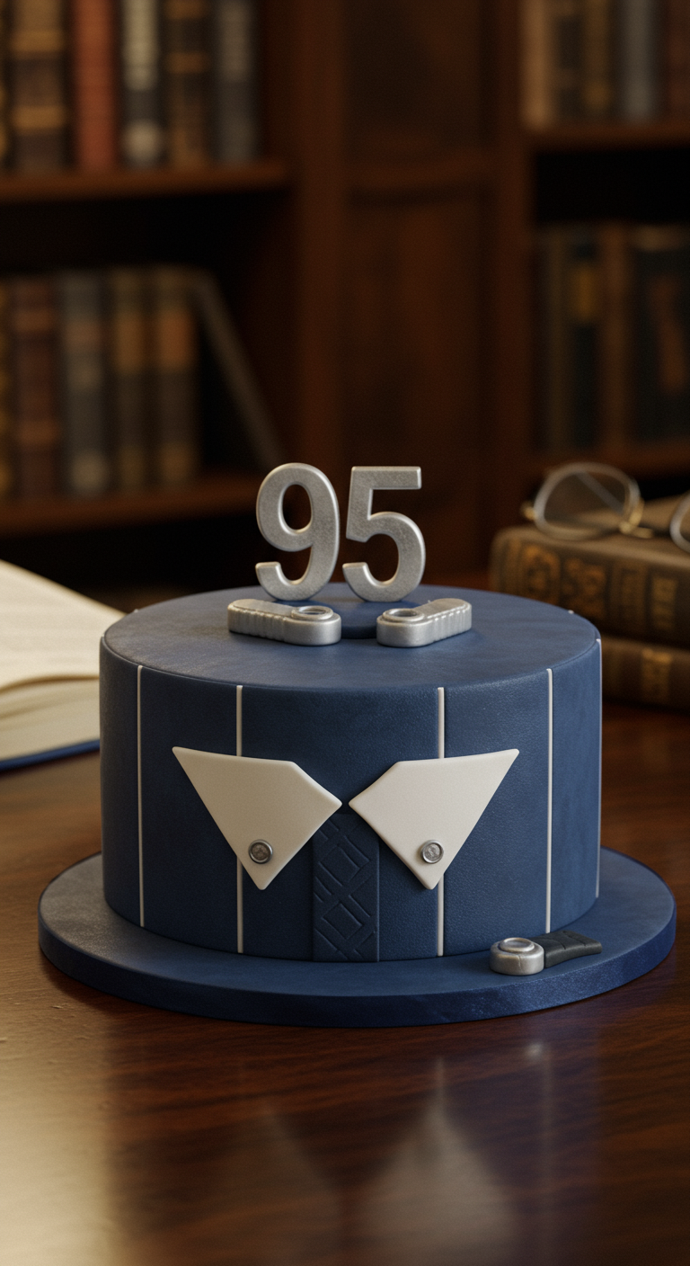 Marineblaue Torte in Hemd-Optik mit Kragen, Manschettenknöpfen und silberner „95“.