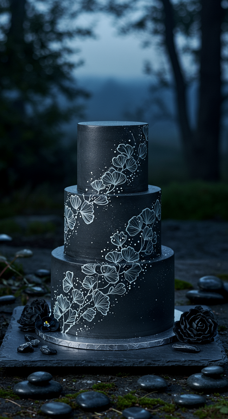 Dreistöckige schwarze Torte mit handgemalten weißen Ginkgoblatt-Ranken.