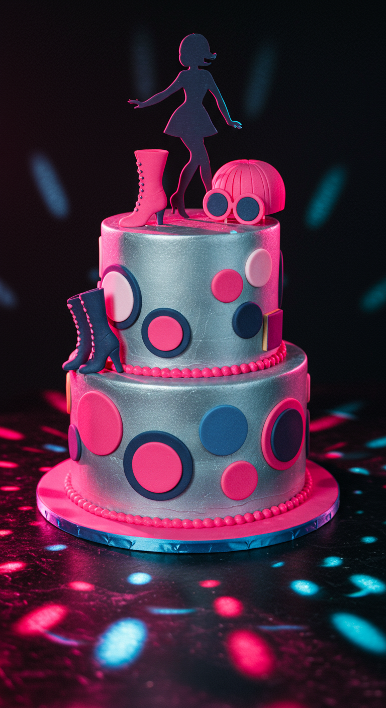 Silberne zweistöckige Torte mit bunten Kreisen und Go-Go-Tänzerin-Silhouette.