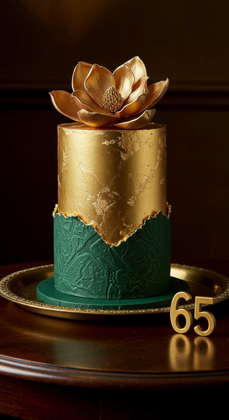 Gold-grüne Torte mit großer goldener Blume und Zahl 65.