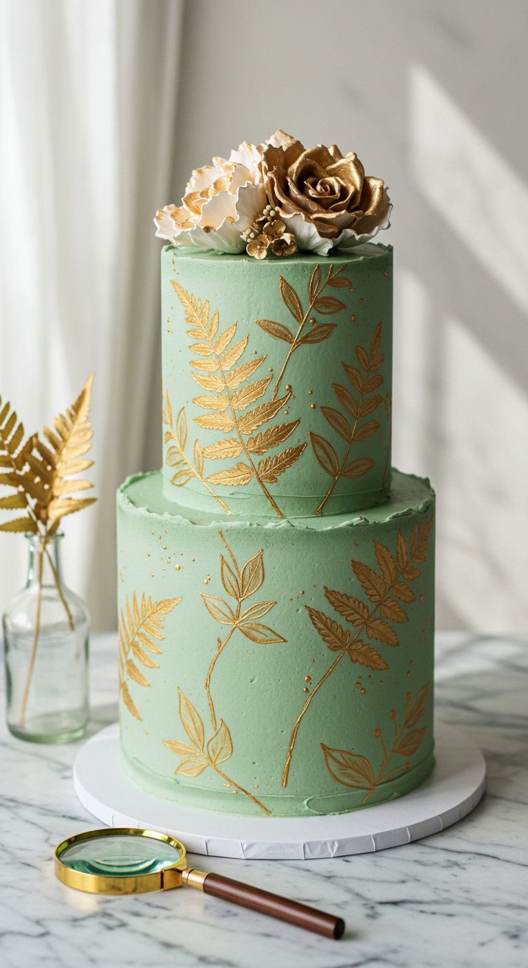 Mintgrüne Torte mit goldenen Farn-Mustern und Goldrosen.