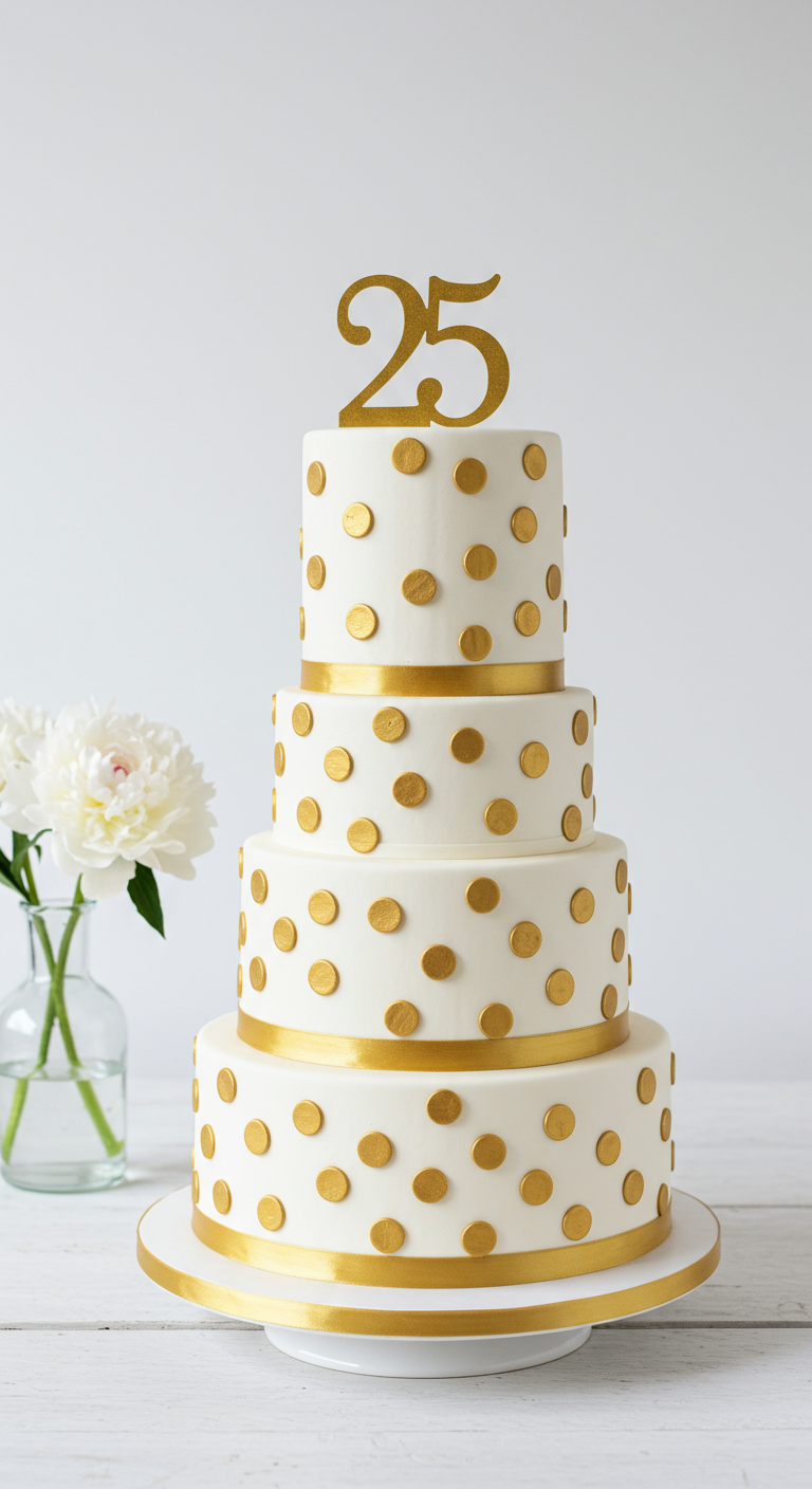 Vierstöckige weiße Torte mit goldenen Punkten, Goldbändern und einer goldenen 