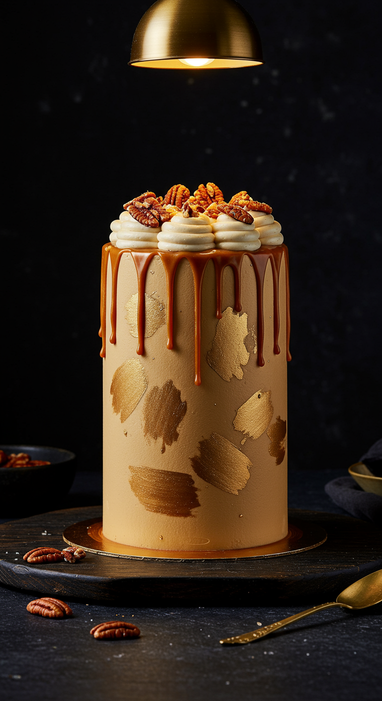 Hohe Karamell-Drip-Torte mit Pekannüssen, Sahnetuffs und goldenen Pinselstrichen.