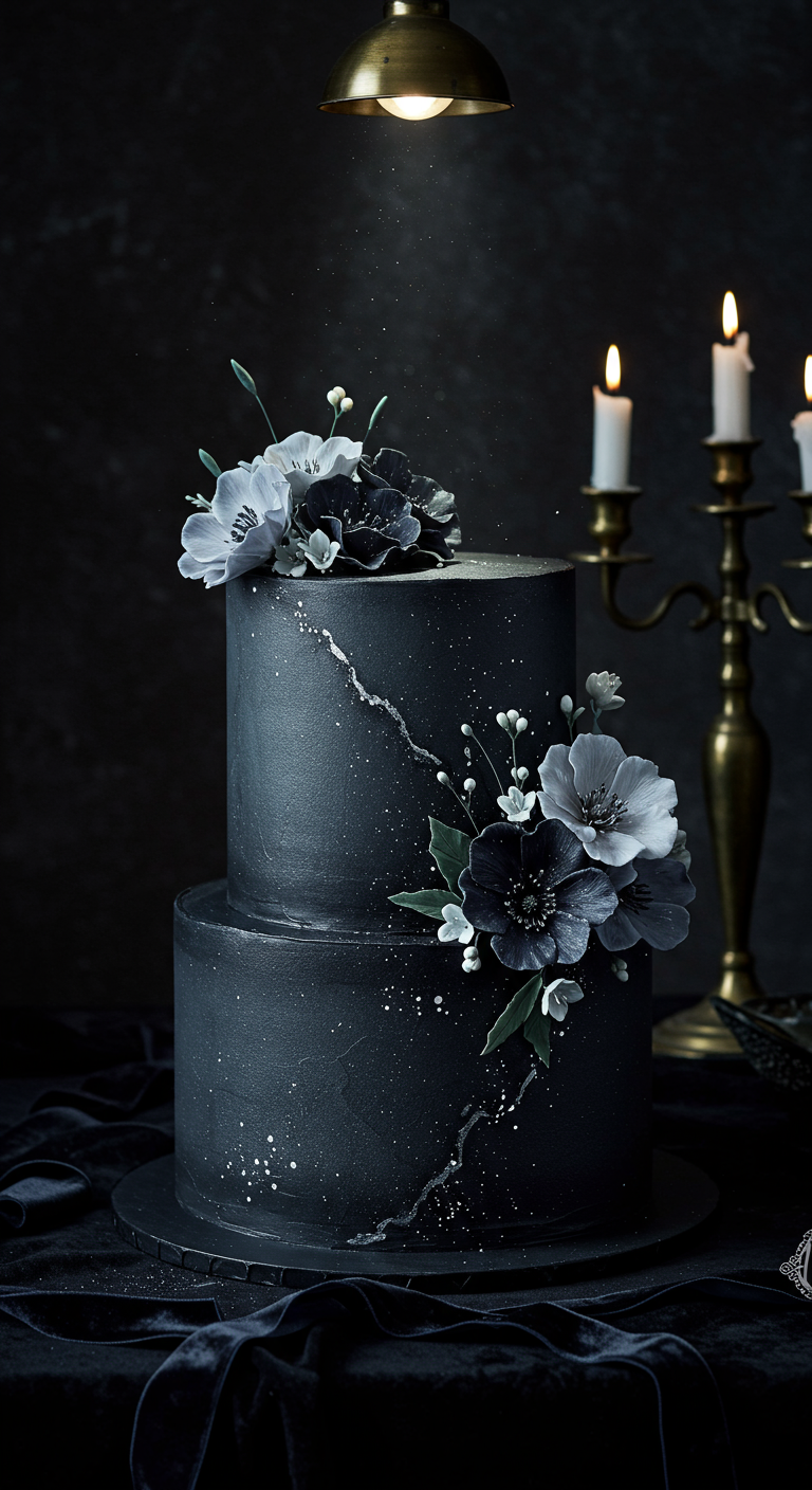 Zweistöckige, mattschwarze Torte mit schwarz-weißen Anemonen und silbernen Farbspritzern.