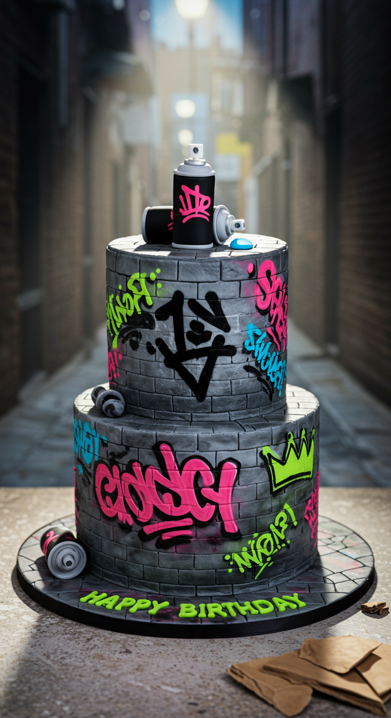 Zweistöckige Torte im Graffiti-Stil mit Mauer-Textur und bunten Schriftzügen.