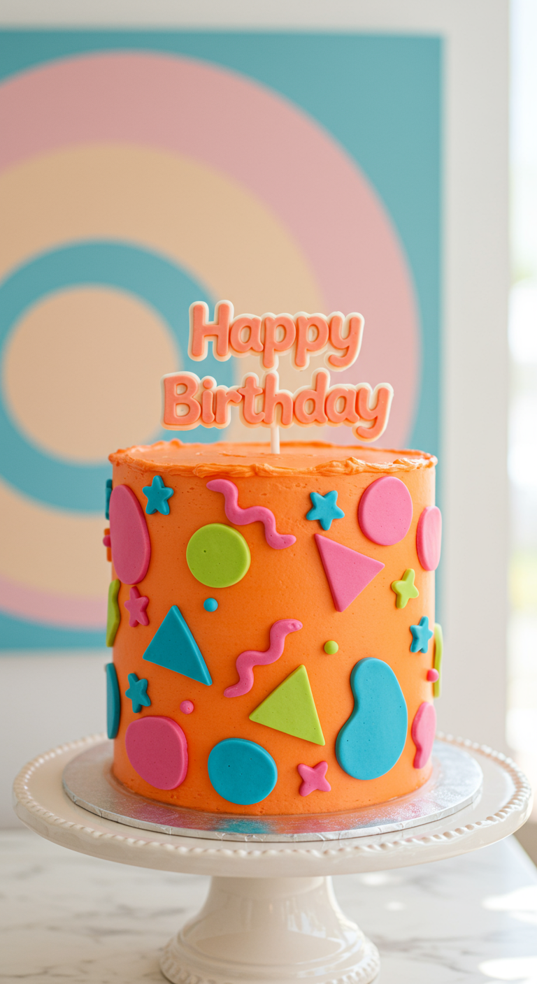 Orangefarbene Torte mit bunten geometrischen Formen und Sternen.