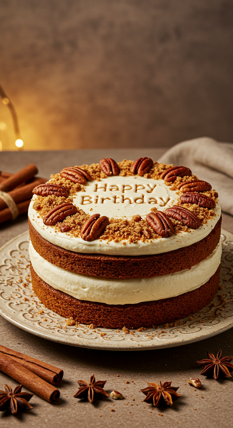Gewürzkuchen mit Frischkäsecreme, Pekannüssen, Keksbröseln und 'Happy Birthday'-Schrift.