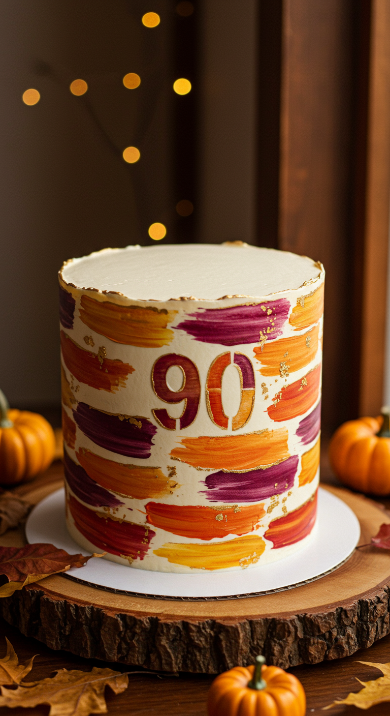 Hohe Torte mit horizontalen Pinselstrichen in Herbstfarben und der Zahl 90 als Schablone.