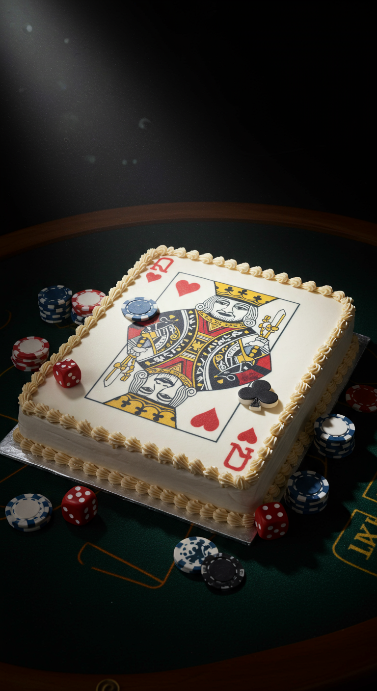 Rechteckige Torte mit dem Bild einer Herzkönig-Spielkarte, umgeben von Würfeln und Chips.