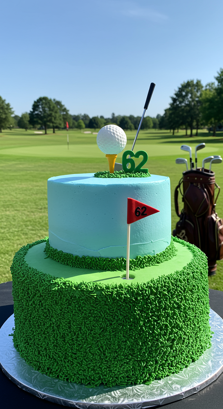 Zweistöckige Torte als Golfplatz mit grünem Rasen, Golfball und Fahne.