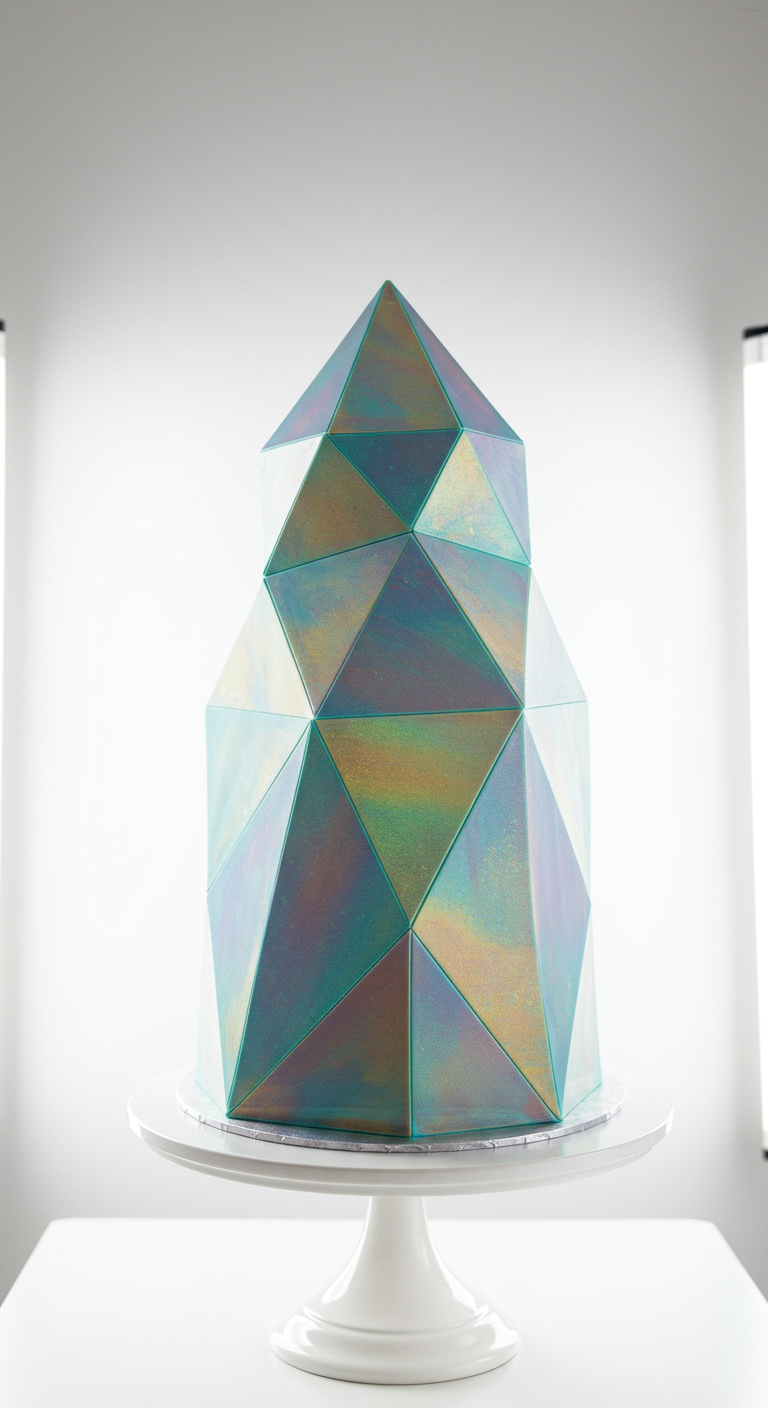 Hohe, geometrische Torte mit holographisch schimmernden Facetten.