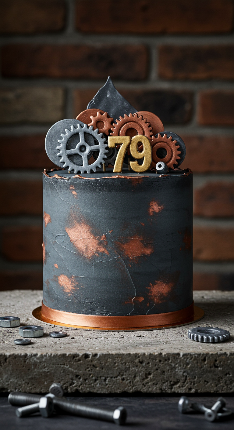 Dunkelgraue Torte mit Kupferakzenten, Zahnrad-Deko und goldener '79'.