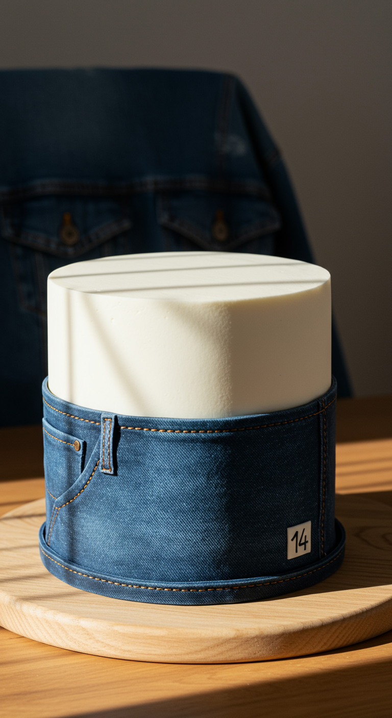 Weiße Torte mit einer Manschette aus blauem Jeansstoff mit Tasche und