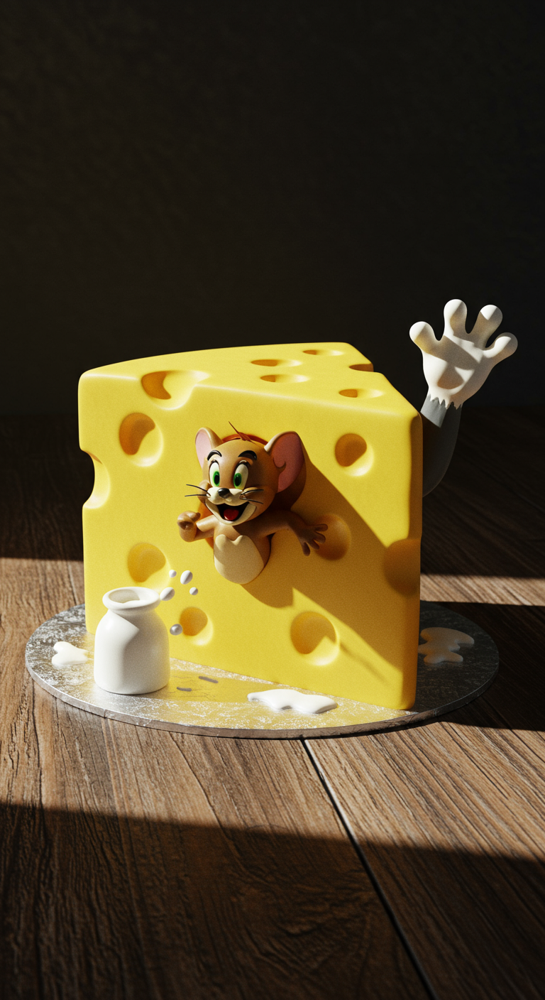 Käsekuchenstück mit Jerry der Maus, der aus einem Loch schaut.