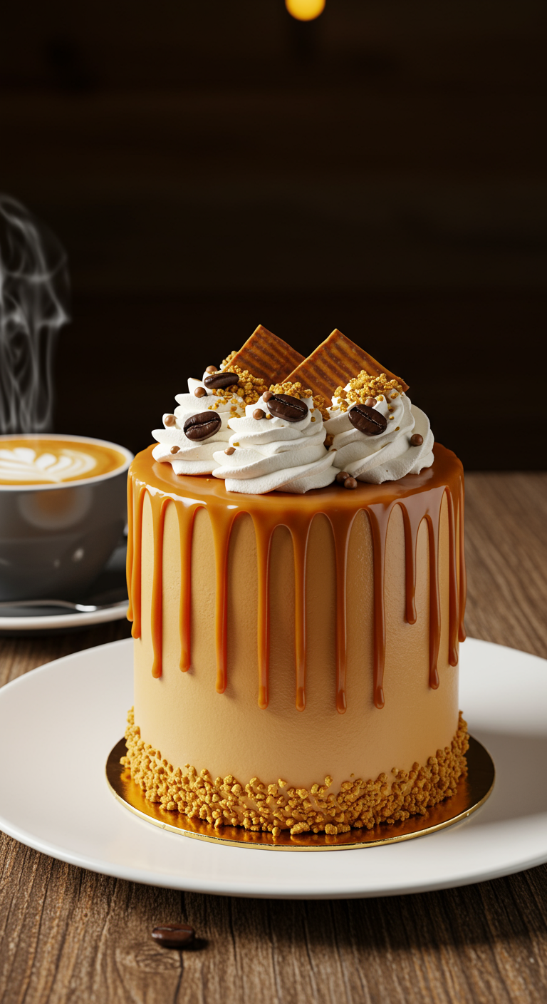 Karamell-Drip-Cake mit Sahne, Kaffeebohnen und Waffeln.