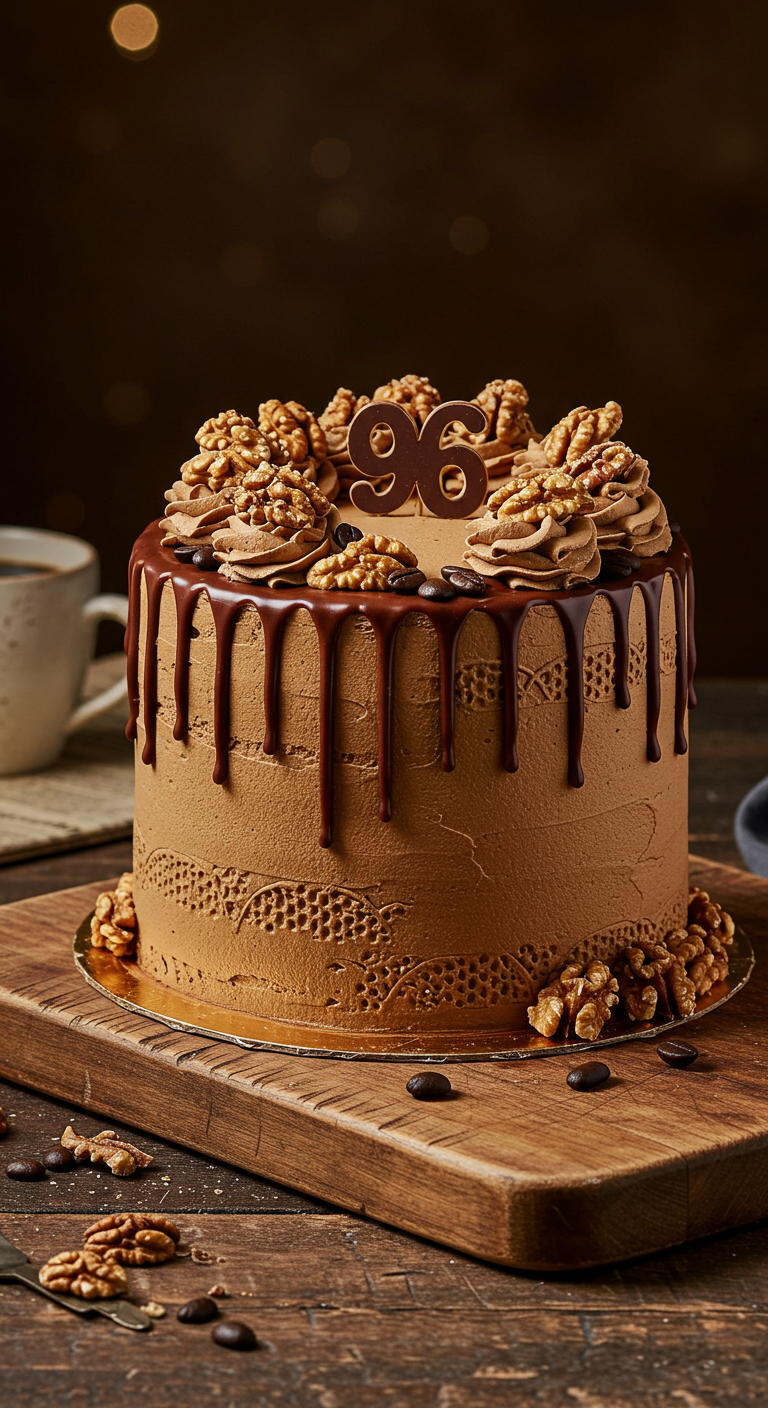 Schokoladen-Kaffee-Torte mit Schokodrip und Walnüssen.