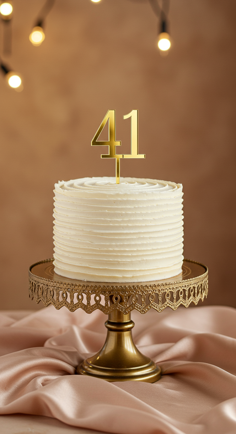 Weiße Buttercreme-Torte mit Rillenstruktur auf goldenem Tortenständer und „41“-Topper.