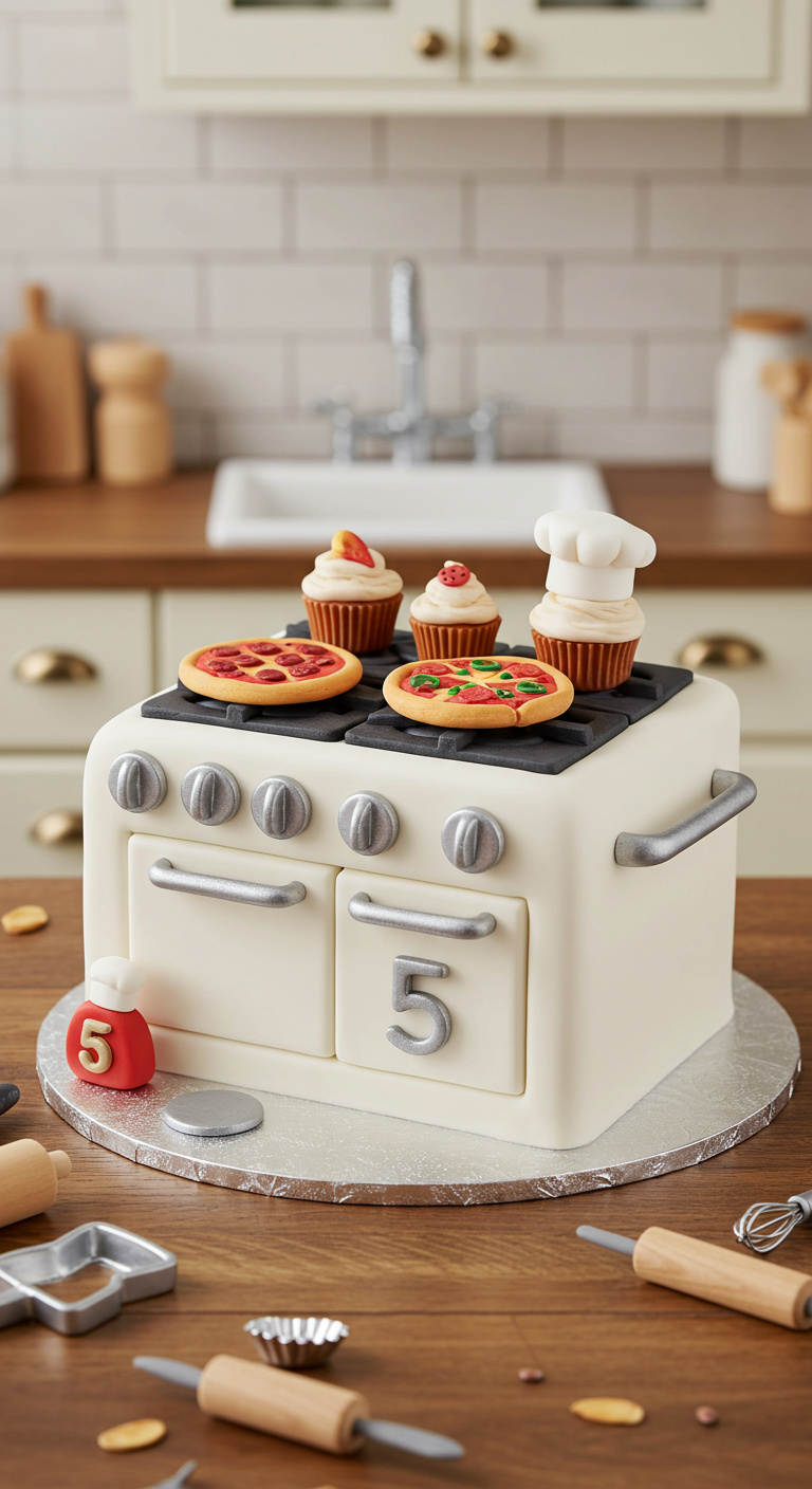Kuchen in Form eines Küchenherds mit Miniatur-Pizzen und Cupcakes aus Fondant.
