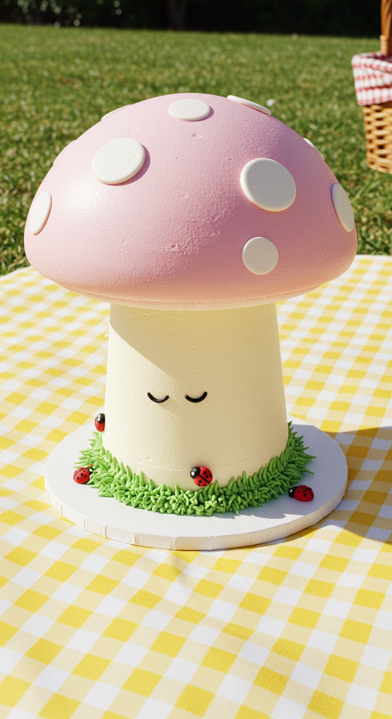 Kuchen in Form eines rosa Fliegenpilzes mit weißen Punkten und Marienkäfern.