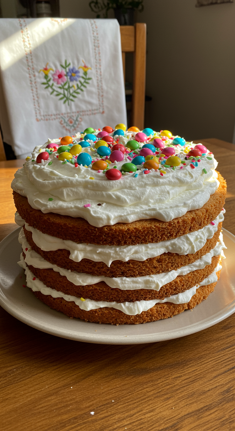 Mehrschichtiger Naked Cake mit Sahne und bunten Schokolinsen.
