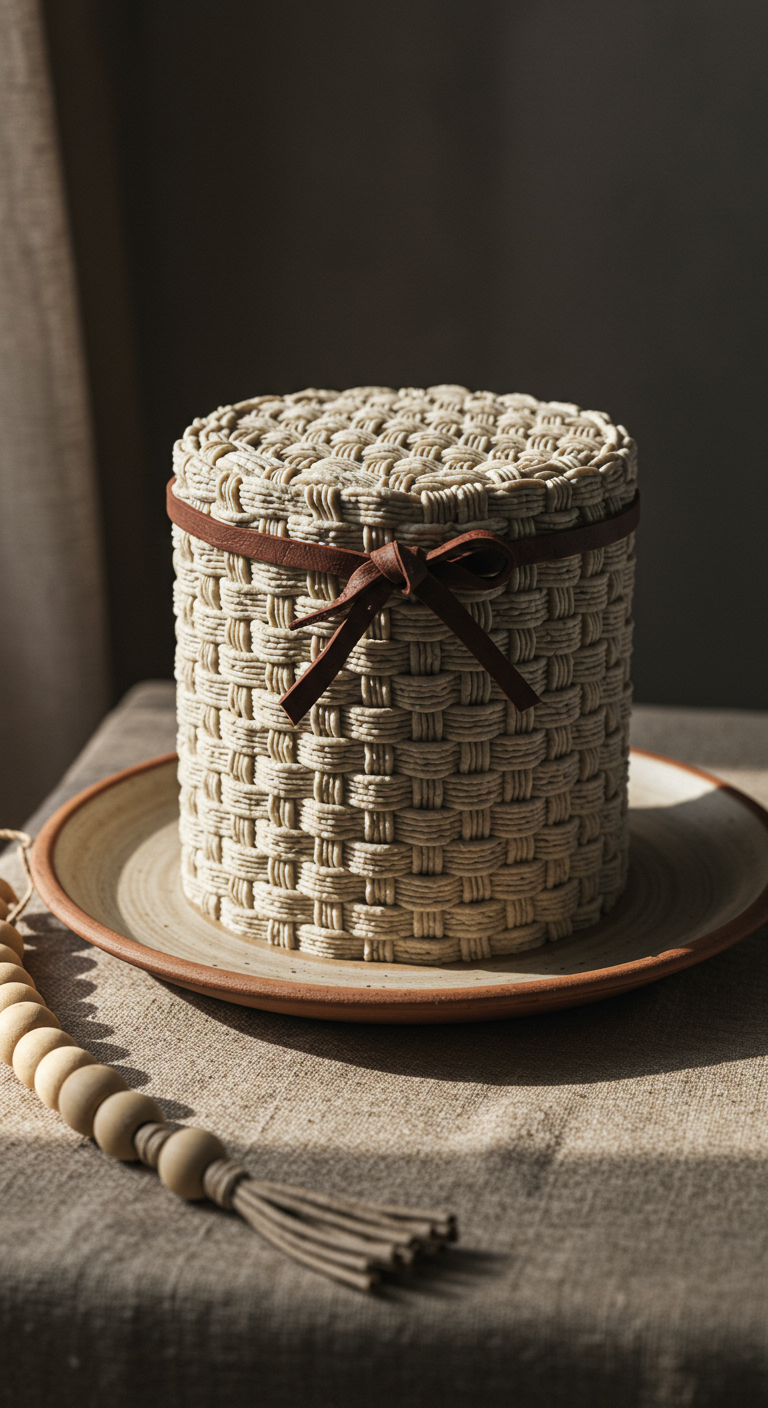 Beige Torte mit Korbgeflecht-Muster aus Buttercreme und braunem Lederband.
