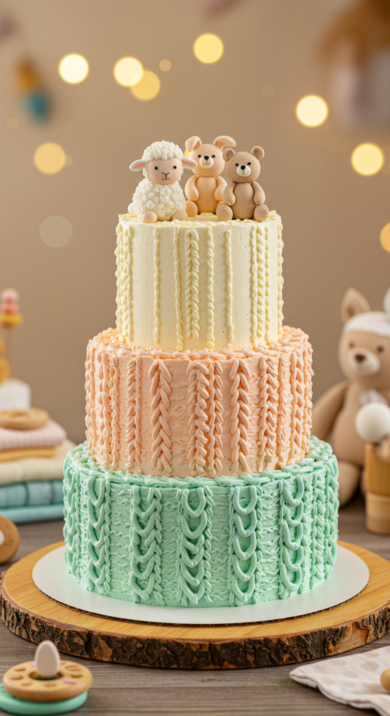 Dreistöckige Torte mit Strickmuster-Optik in Pastellfarben und Tierfiguren.