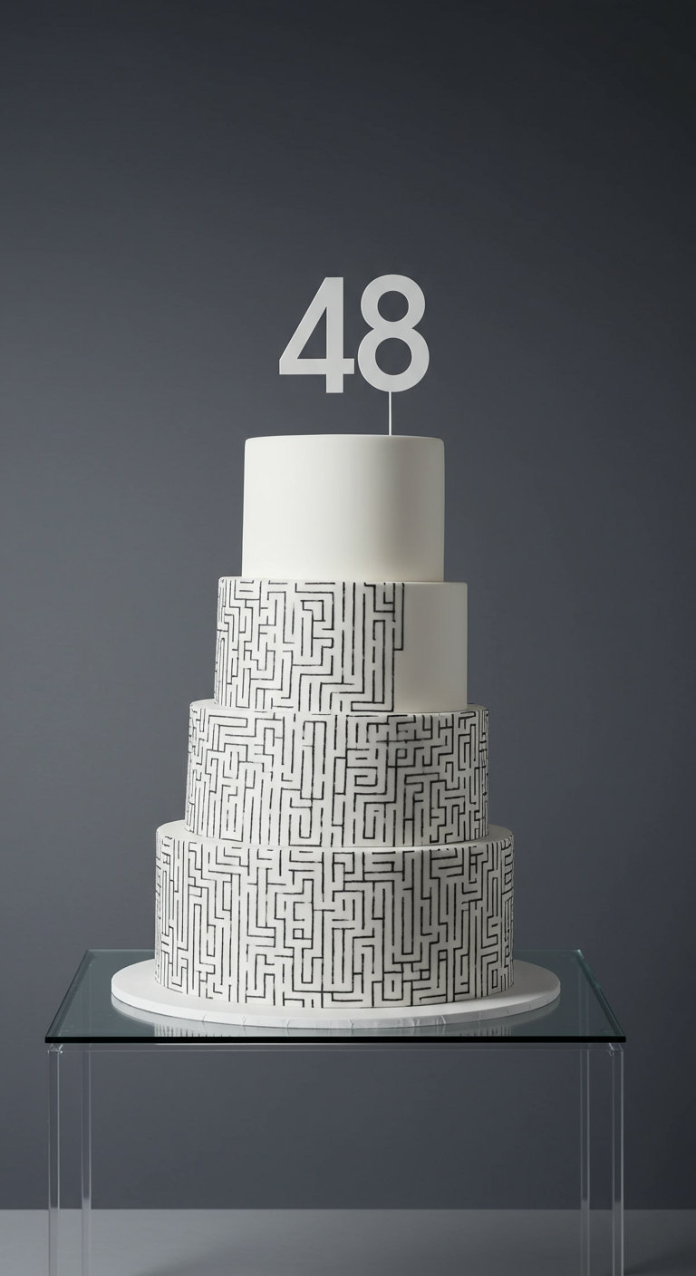 Mehrstöckige weiße Torte mit schwarzem Labyrinthmuster und weißem 48-Topper.