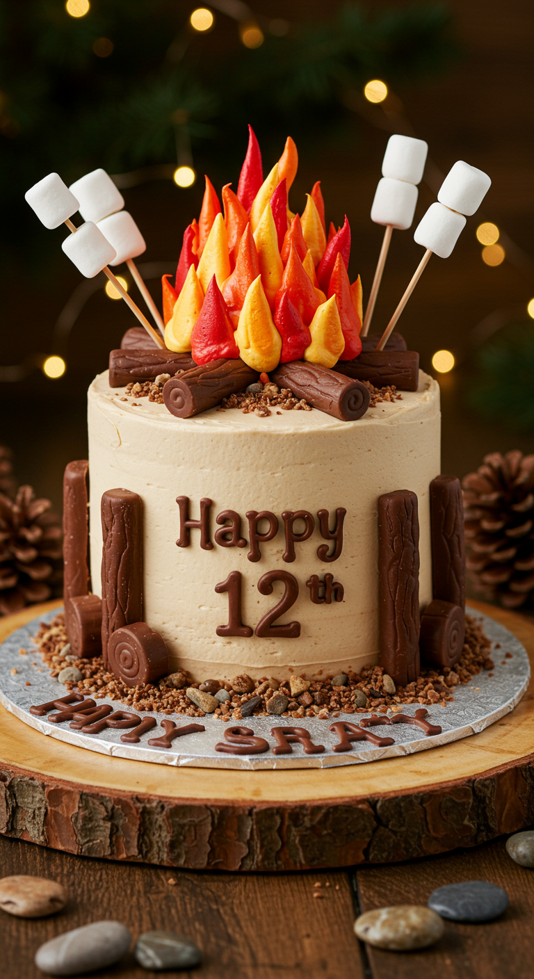 Runde Torte dekoriert wie ein Lagerfeuer, mit Schoko-Holzscheiten und Buttercreme-Flammen.