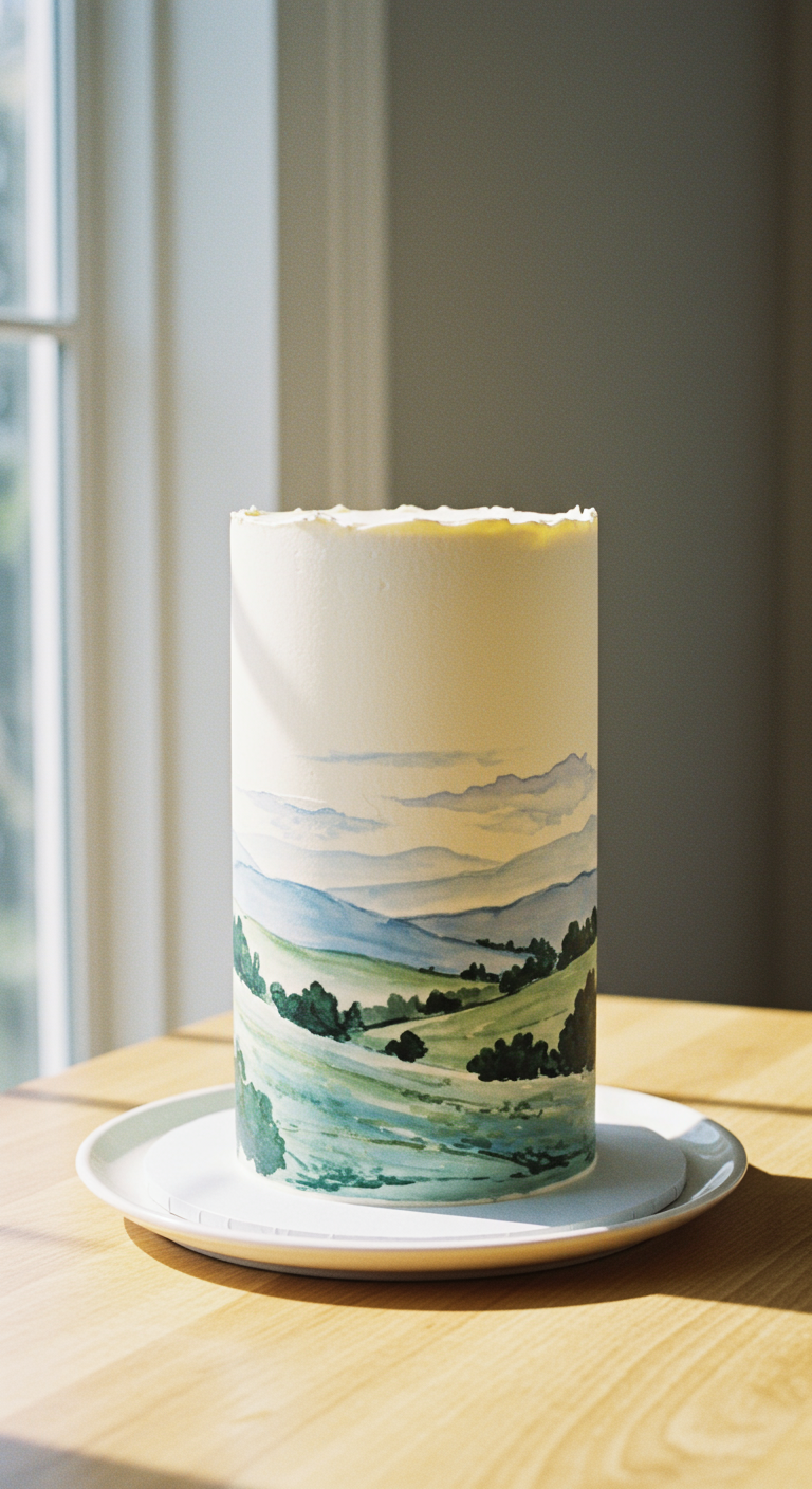 Weiße Torte mit handgemaltem Landschaftsmotiv in Blautönen.