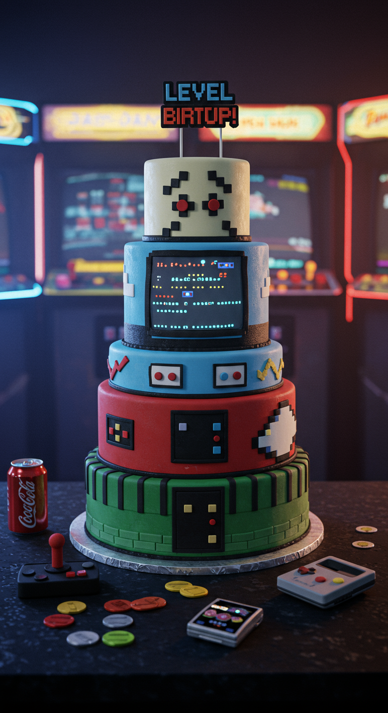 Mehrstöckige Torte dekoriert im Stil klassischer Arcade-Videospiele mit Pixel-Figuren.