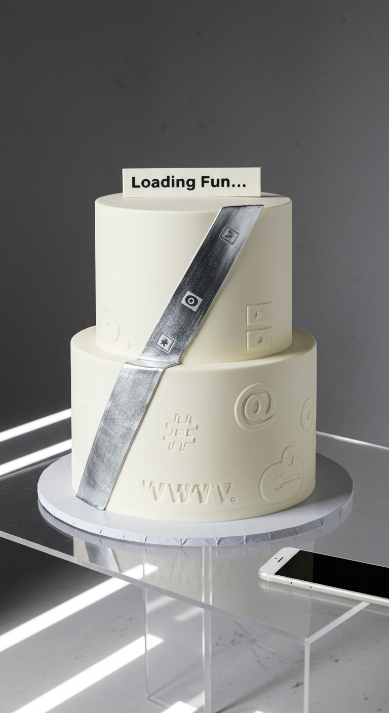Weiße zweistöckige Y2K-Torte mit eingeprägten Internet-Symbolen und silbernem Streifen.
