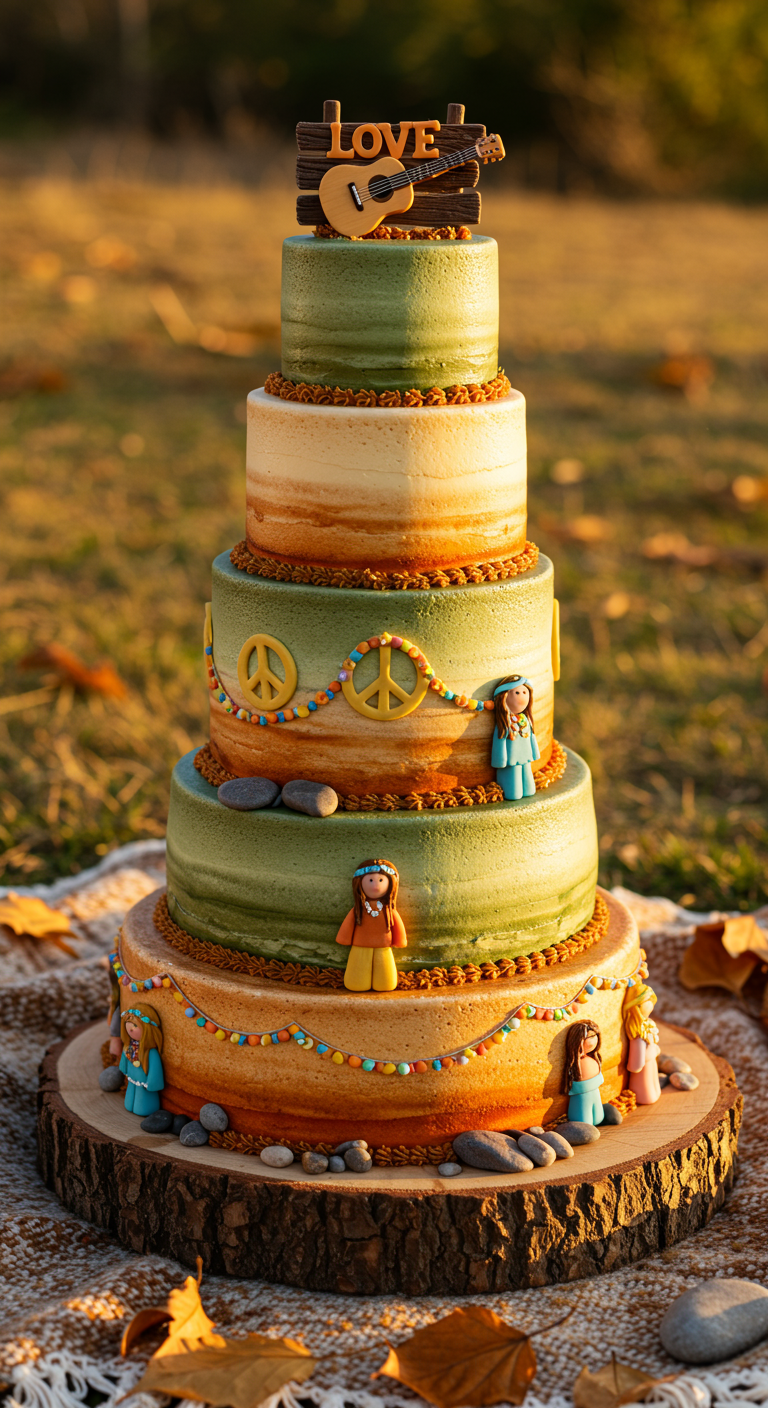 Mehrstöckige Torte in Erdtönen mit Hippie-Figuren, Peace-Zeichen und