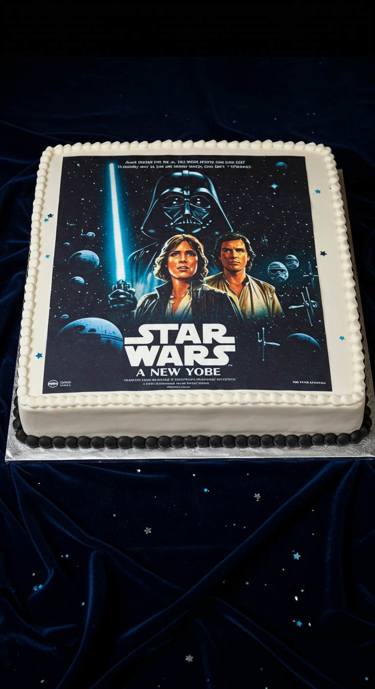 Rechteckige Torte mit Star Wars 'A New Hope' Filmposter als Esspapier-Aufleger
