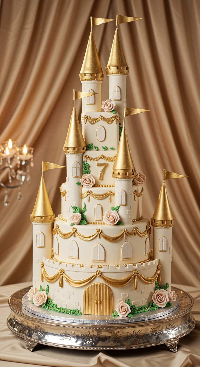 Große, weiße Schlosstorte mit goldenen Türmen und rosa Rosen.