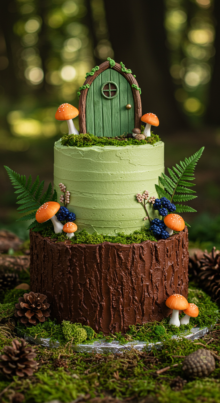 Zweistöckige Waldtorte mit Baumrinde, Feentür, Pilzen und Farnen.