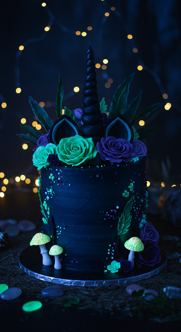 Dunkelblaue Einhorntorte mit leuchtenden Pilzen, dunklen Blumen und schwarzem Horn.