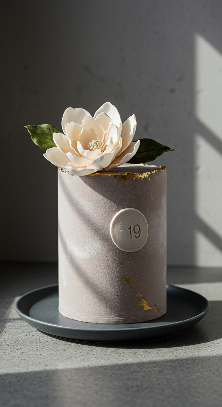 Grau texturierte Torte mit einer großen Zucker-Magnolie und einem kleinen 