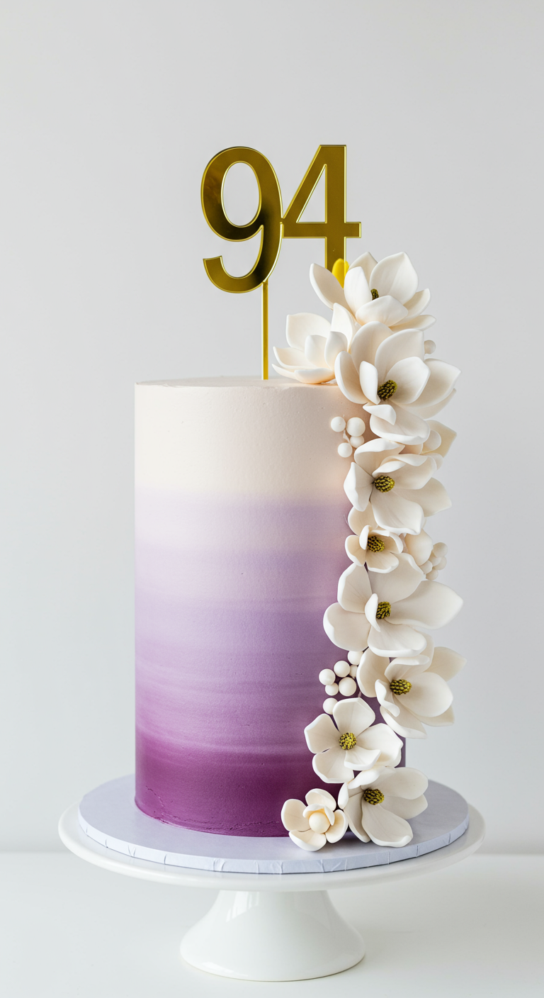 Hohe Torte mit lila Ombré-Verlauf und weißen Zuckermagnolien.