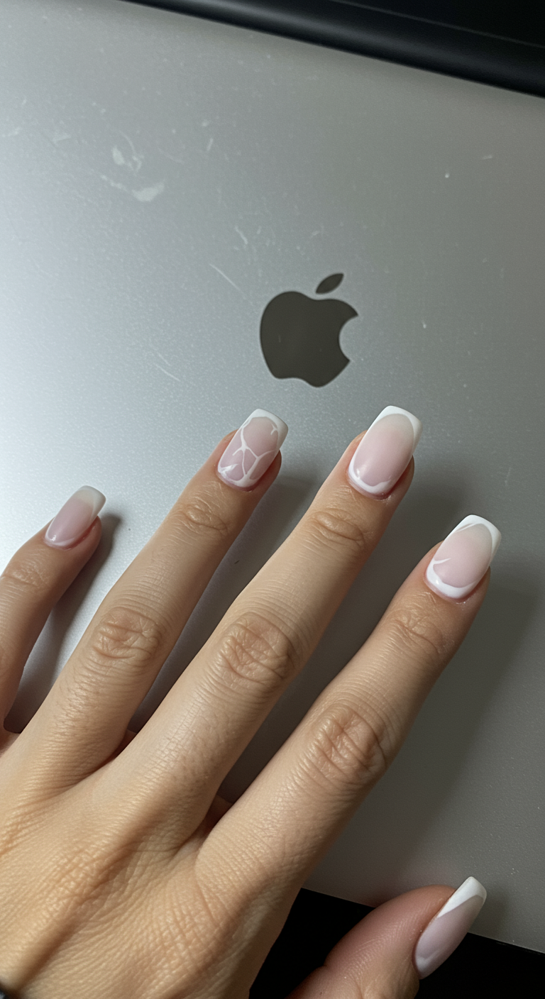 Eckige French Manicure mit einem Nagel im weißen Marmor-Design.