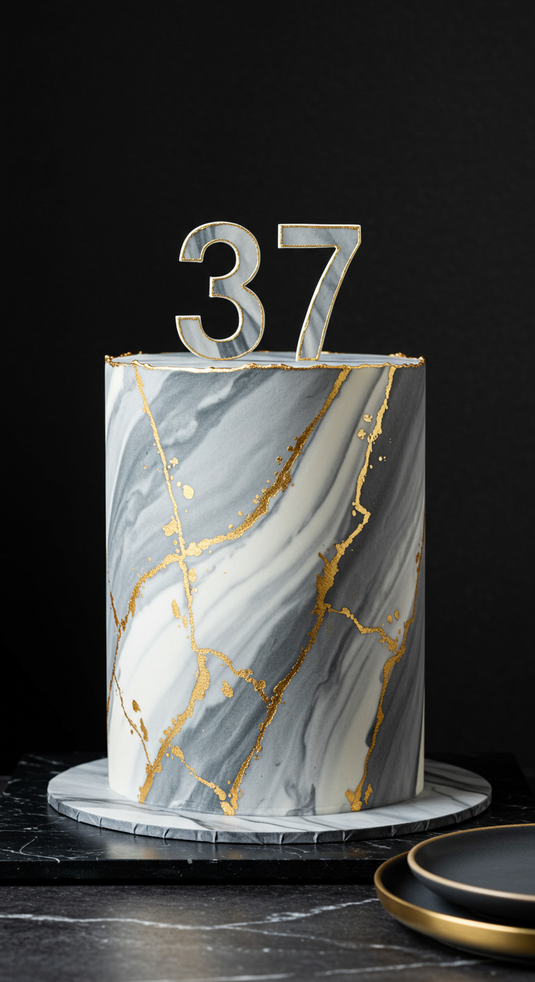 Grau-weiße Marmortorte mit goldenen Adern und einem „37“-Topper.