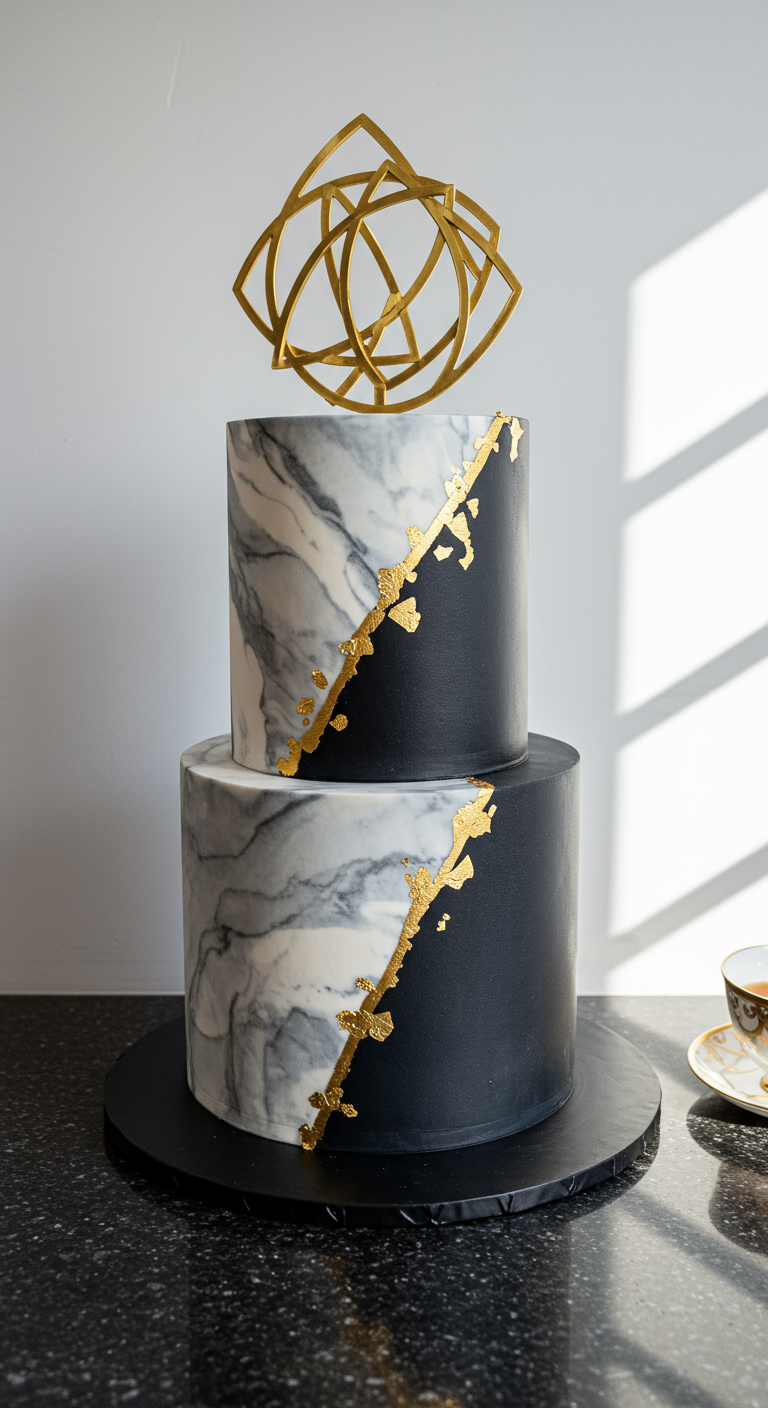 Zweistöckige Torte mit Marmor-Effekt in Schwarz-Weiß und einer goldenen Fault-Line-Verzierung.